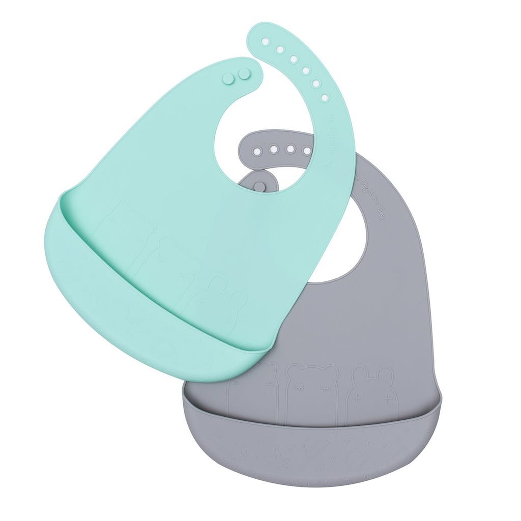 We Might Be Tiny silicone bib with food catcher - Mint and Grey