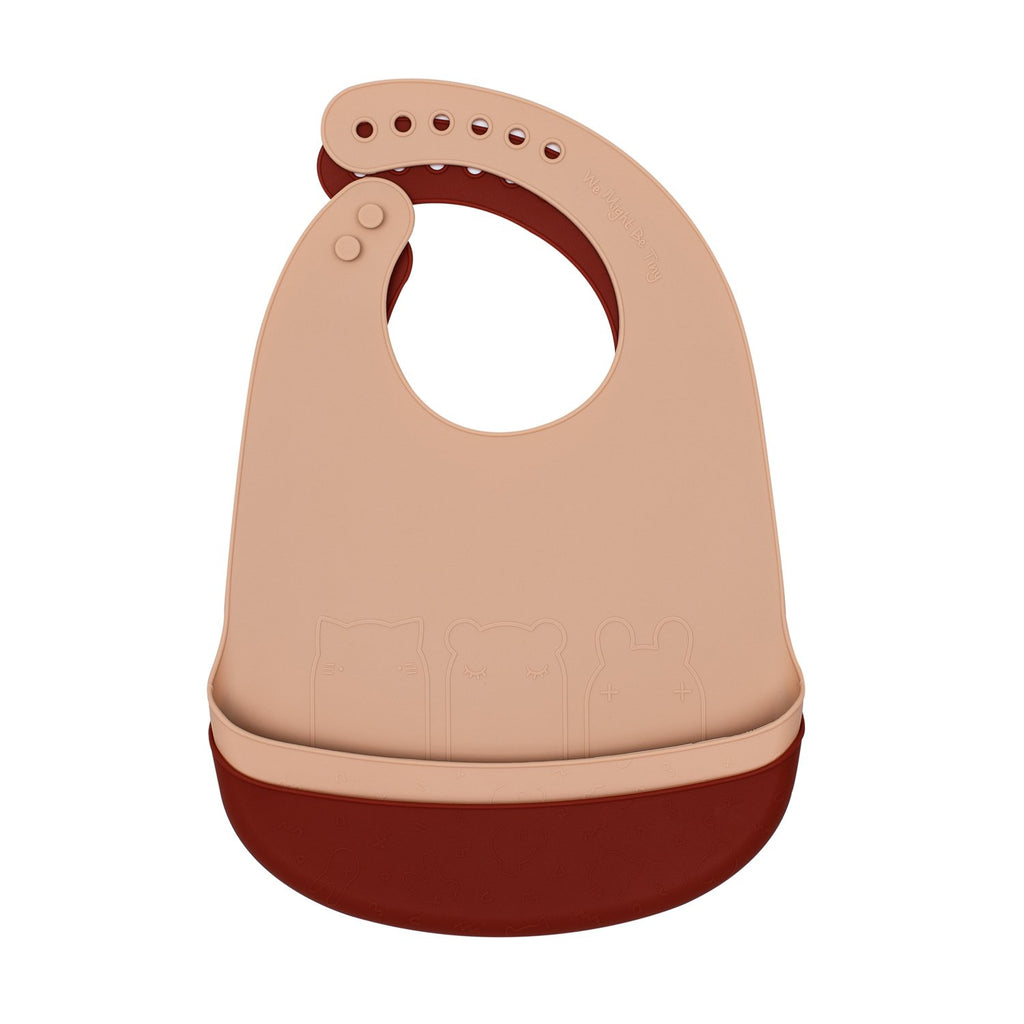 We Might Be Tiny silicone bib with food catcher - Rust and Beige