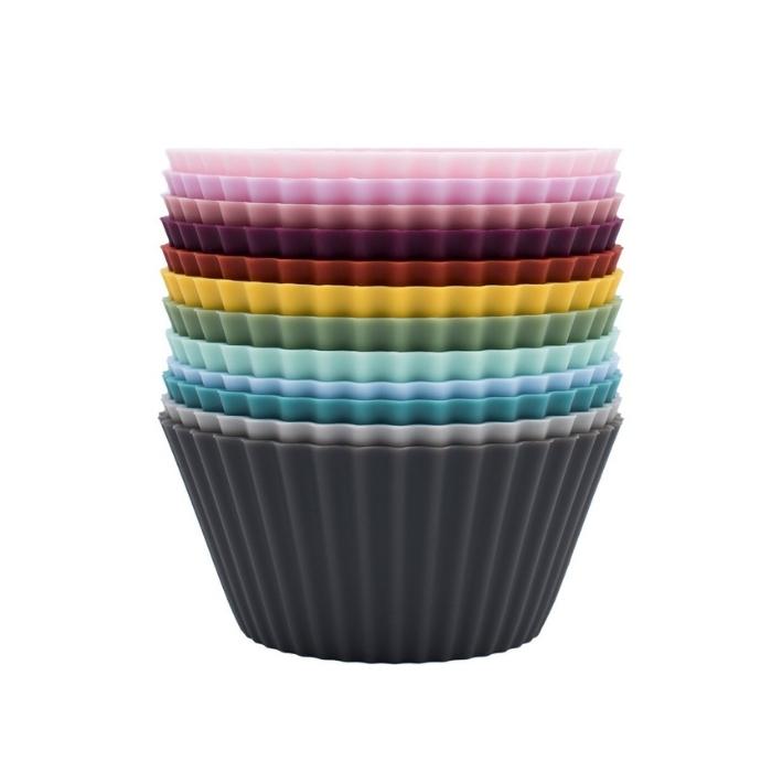 Stack of twelve multi-coloured silicone muffin cups for baking.