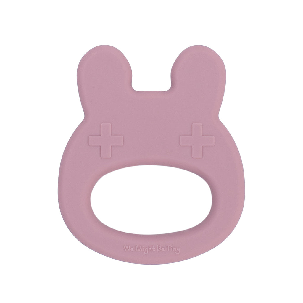 Our silicone bunny teething ring in Dusty Rose