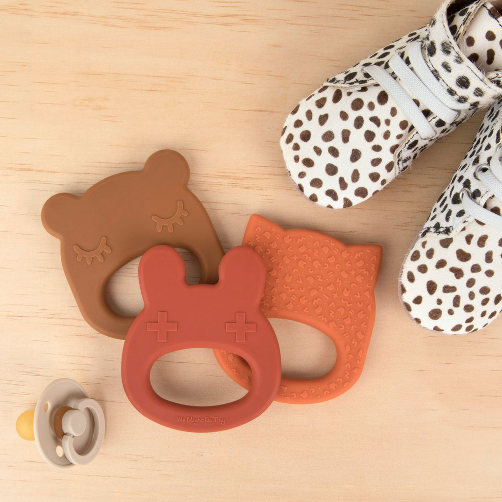 Our silicone bunny teething ring in Rust